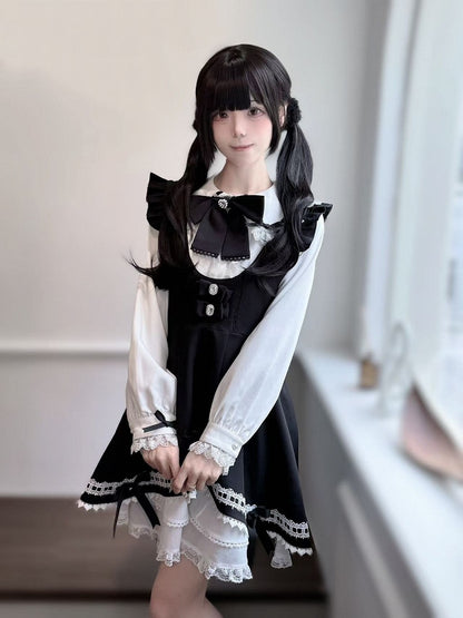 Tiered Jirai Kei Black Skirt with Bowknots on Overall Dress Hem