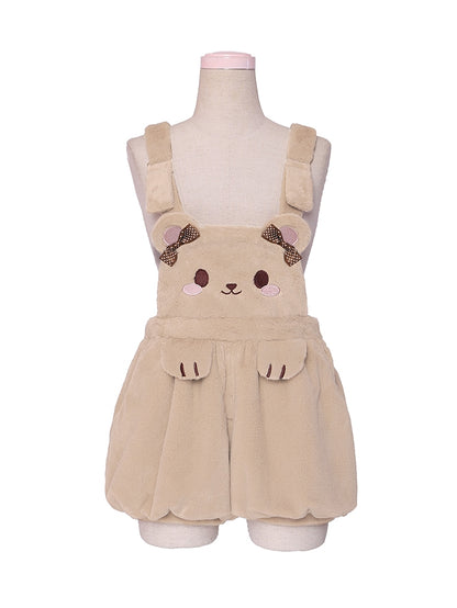 Coffee Cute Teddy Bear Plush Overall Shorts Bowknot Details