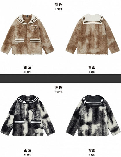 Black/Brown Sailor Collar Bowknot Details Fleece Jacket