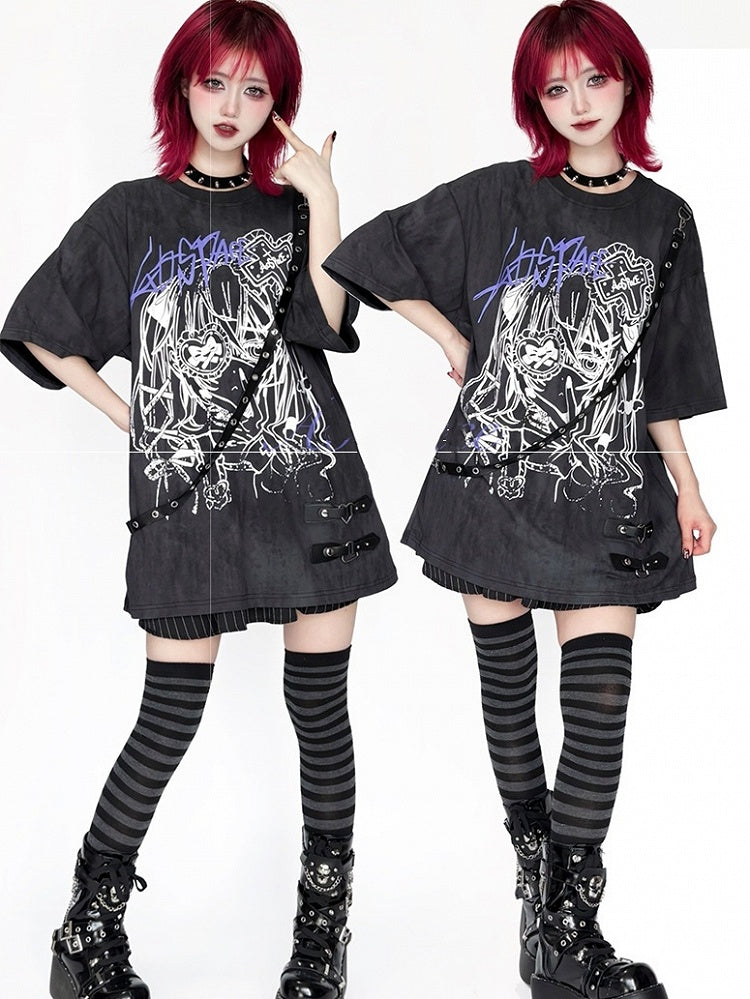 Anime Tie Strap Detachable Dye Decor Black/White T-Shirt with Print Girl Leather