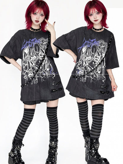 Anime Tie Strap Detachable Dye Decor Black/White T-Shirt with Print Girl Leather