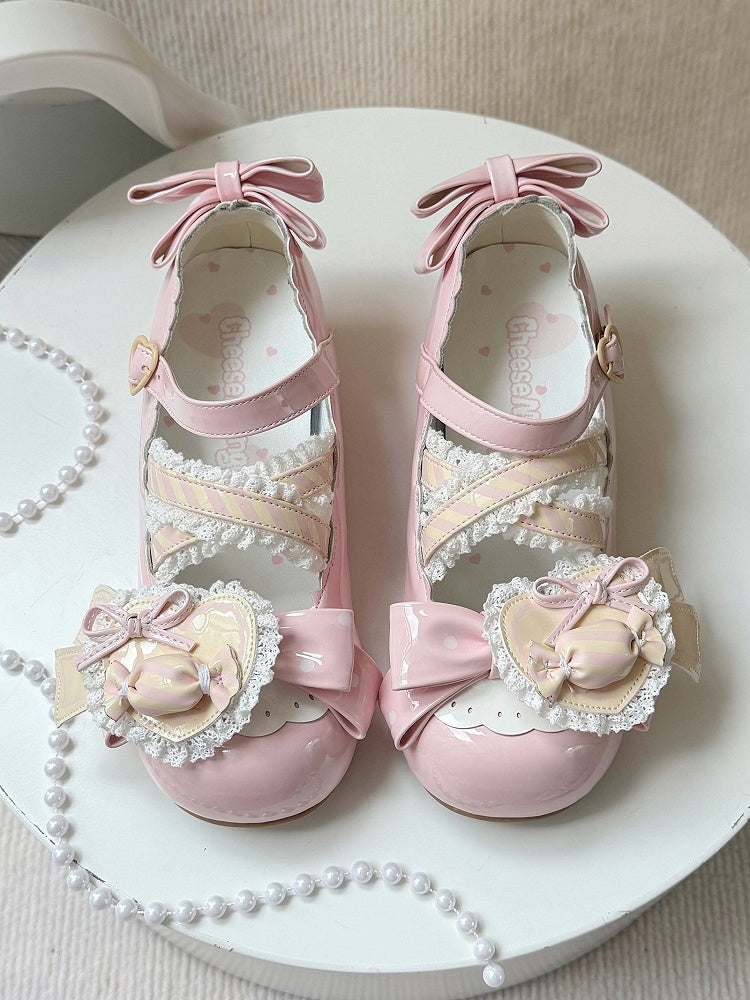 Schleifen Akzente Pink Jane PU Licht Mary Süße Schuhe mit