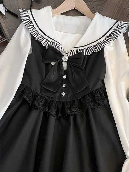 Black Jirai Kei Sailor Collor Blouse High Waist Lace Trim Overall Dress Set