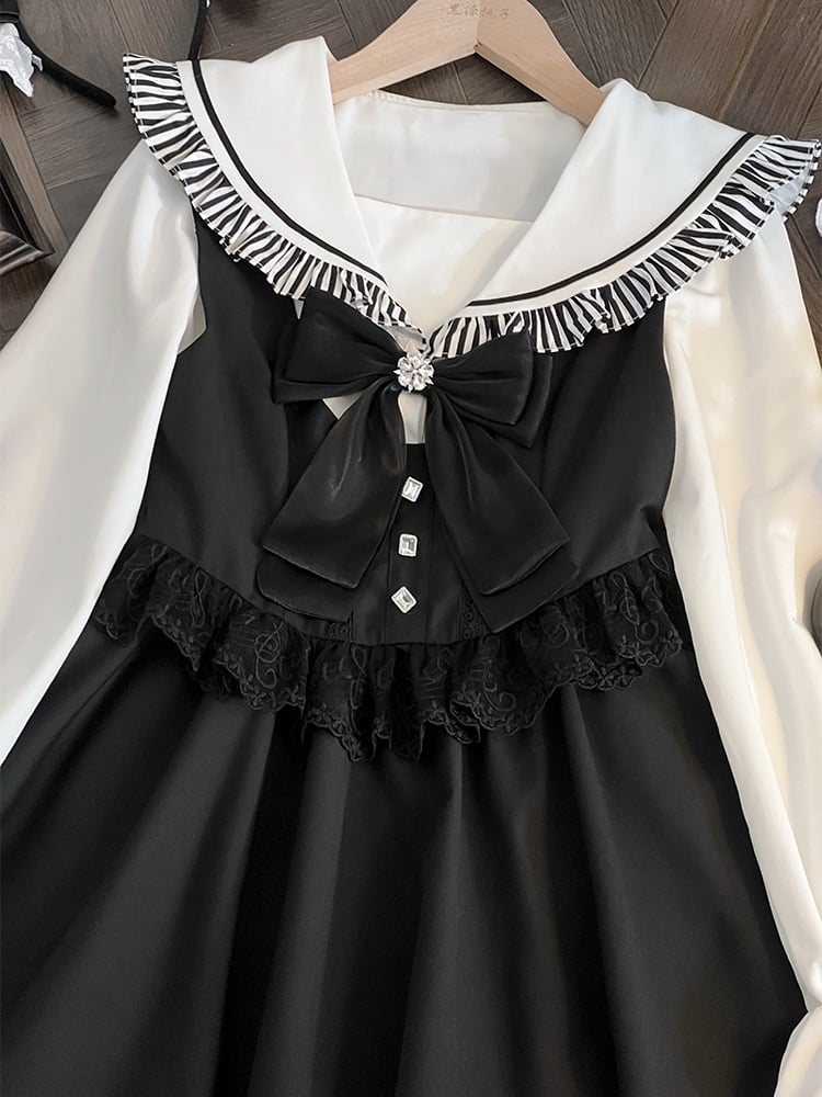 Black JiraiKei Two-Piece Set Sailor Collor Blouse High Waist Lace Trim Overall Dress