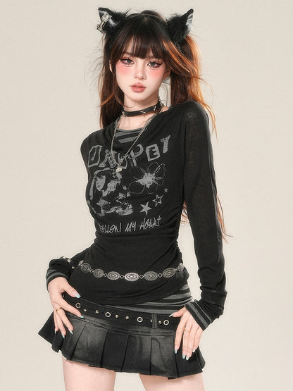 Print Letter Long Black Sleeves And Bittersweet Top Cartoon