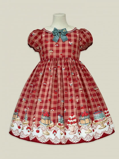 Red High Waist Cherry and Dessert Sweet Lolita Gingham Dress