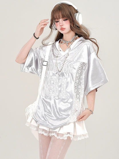 Grey/Black Lace Patchwork V-neck Sporty T-shirt