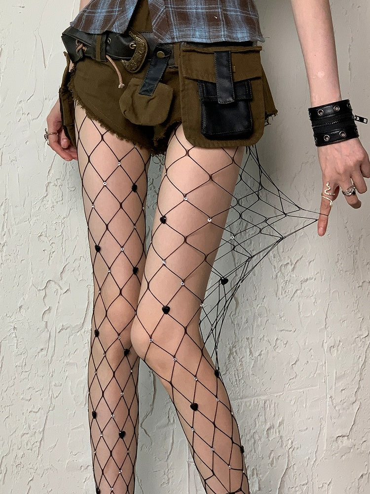 Black/White Decorated Heart Y2K Details Rhinestone Fishnet Tights