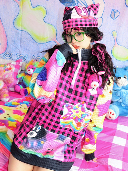 Star Plaid Print Sweatshirt Y2K Black Pattern