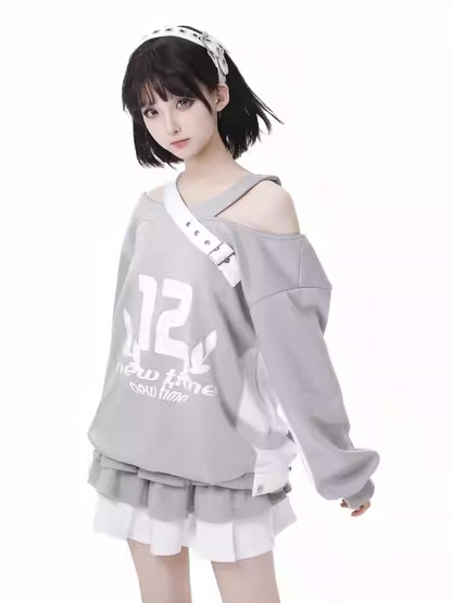 Design Colorblock Gray White Asymmetrical Neckline Cutout Shoulder Spring Sweatshirt
