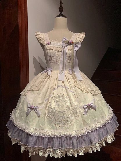High Teddy Waist Bowknot Dress Lolita Floral Fabric and Embroidery