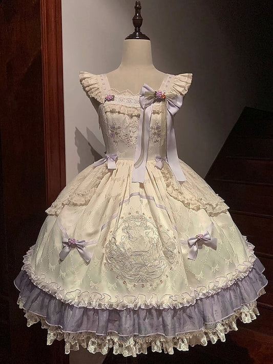 High Teddy Waist Bowknot Dress Lolita Floral Fabric and Embroidery