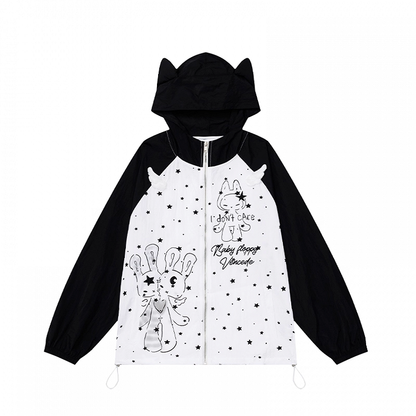 Design Hood Ears Kitty Colorblock Zip-up Jacket Cartoon Print Black/Green