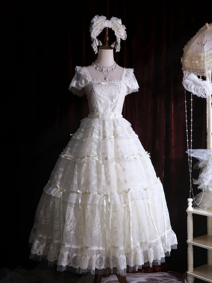 Beads Bow Creamy Princess Accents White Neckline Ribbon Dress Lolita