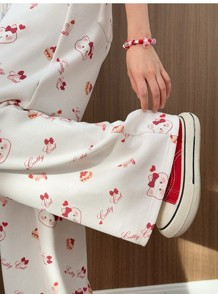 White Drawstring Waist Allover Kitty Print Wide-Leg Casual Pants