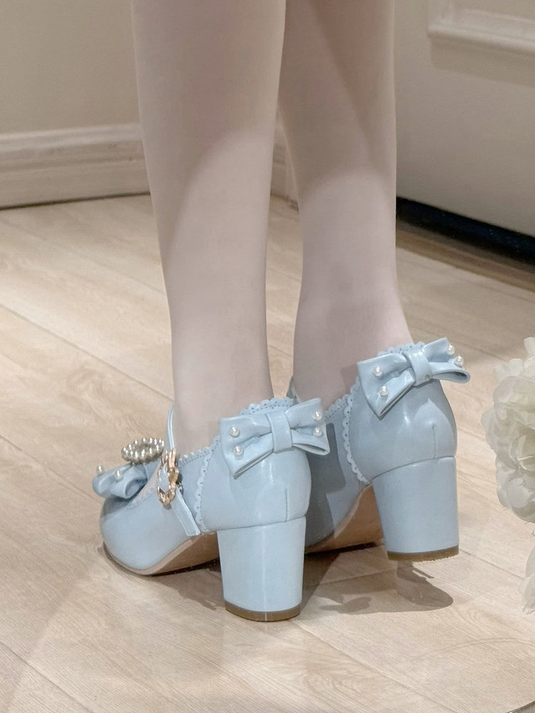 Round Mary Toe Decorated Lolita Rhinestone And Details Bowknot Janes Beaded Blue Shoes