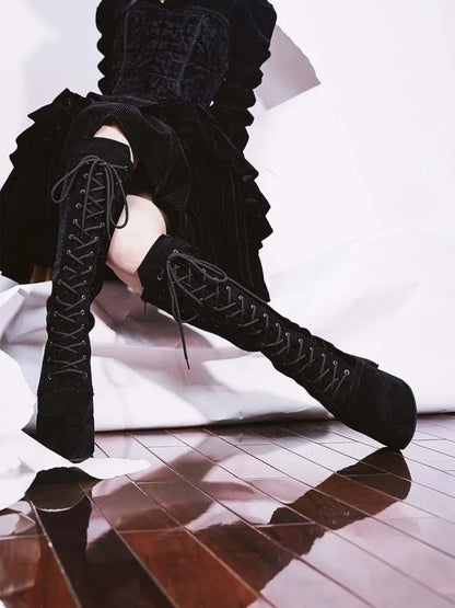 Block High Black Velvet Lace-up Gothic Heel Front Knee-high Ties Platform Boots