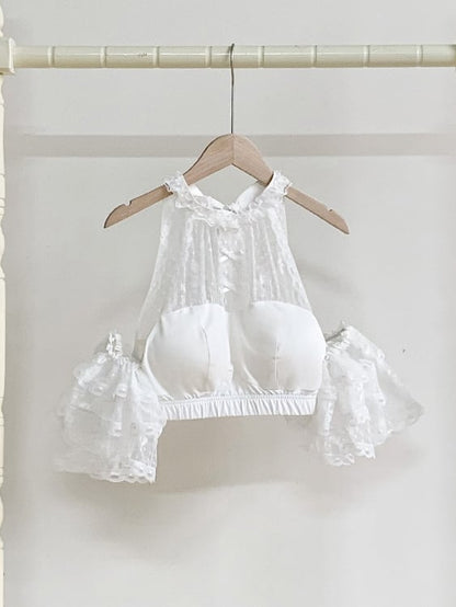Halter White Flutter Sleeves Top Detachable Neck with Lace Cropped
