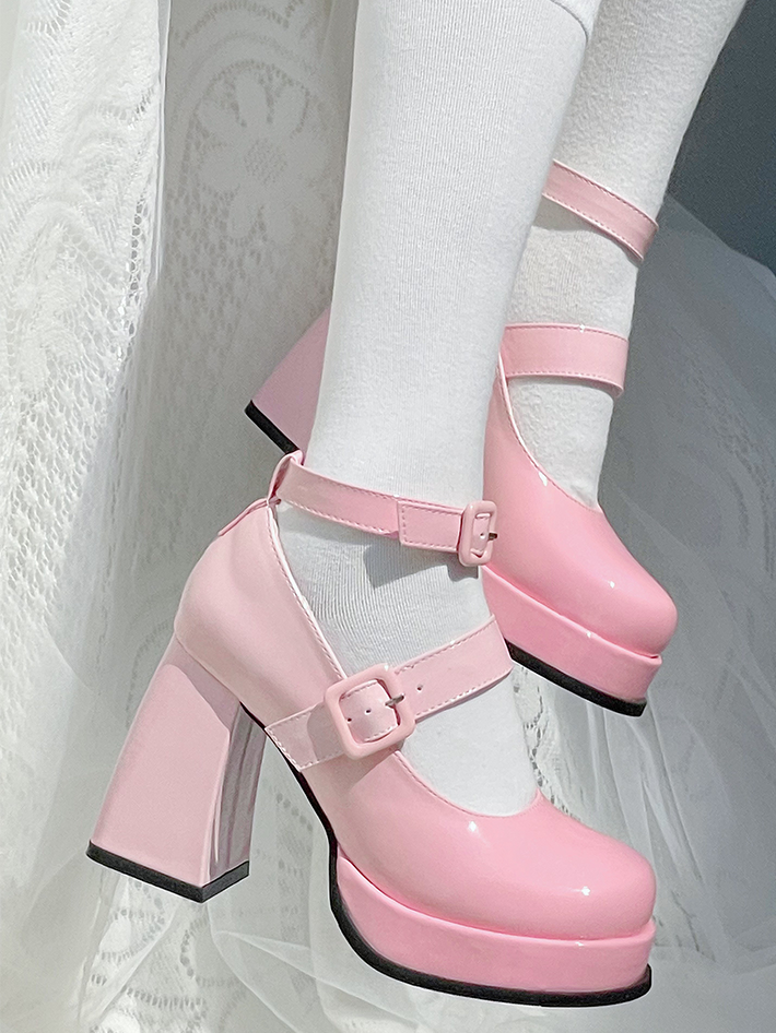 Gradient Pink Detachable Bowknot Platform High Block Heels Lolita Shoes