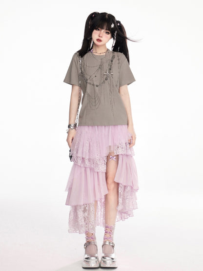 Gray Round Neck Rhinestone Chains Vintage T-Shirt
