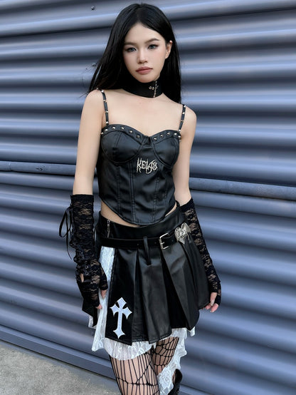 Punk Rock Black Cross Appliques PU Patchwork Box Pleat Skirt