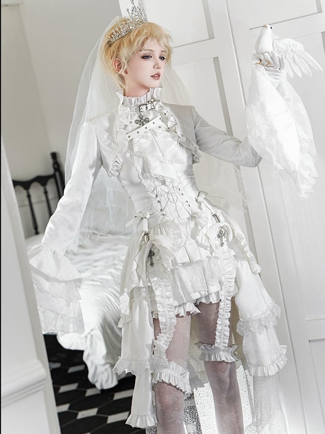 Ouji - Top Sleeveless White Lolita Neck Ruffled Outfit All Prince