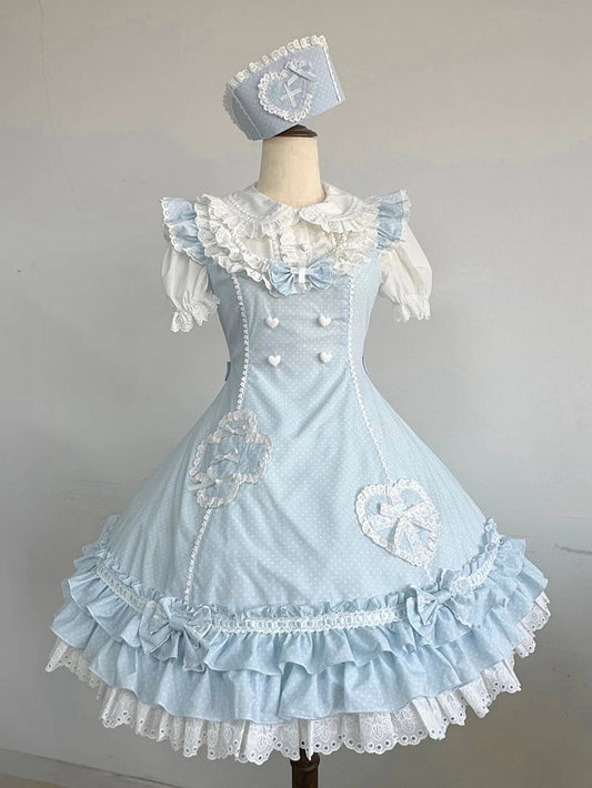 Layered Pattern Ruffle Nurse Hemline Blue Dress Polka-dot Lolita