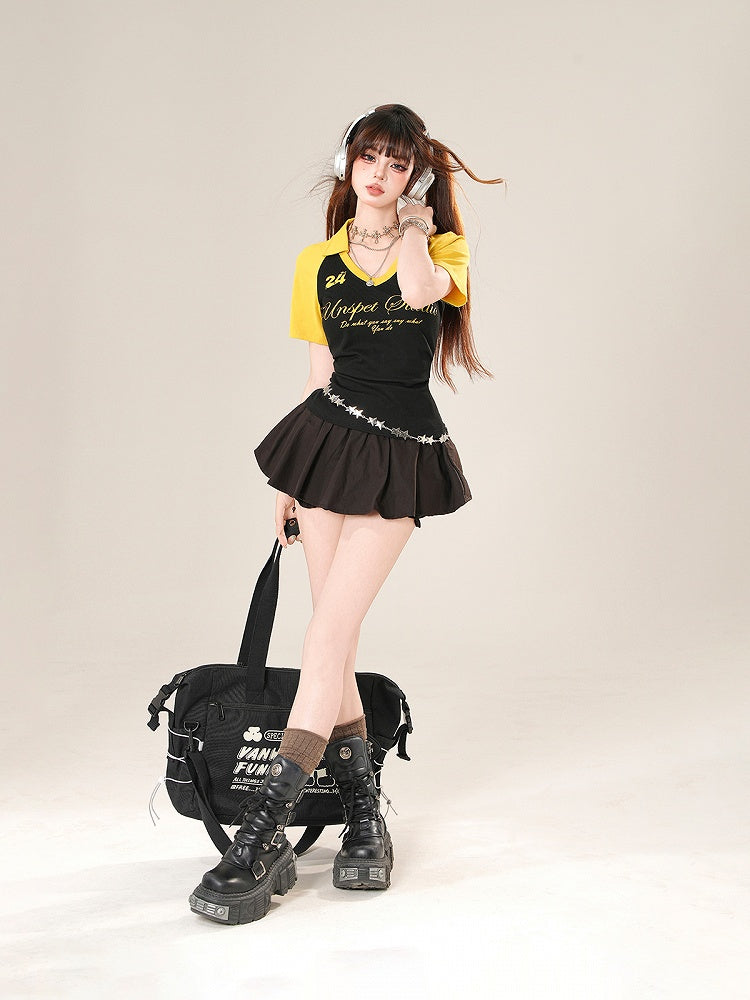 Black Elastic Waist Mini Bubble Skirt