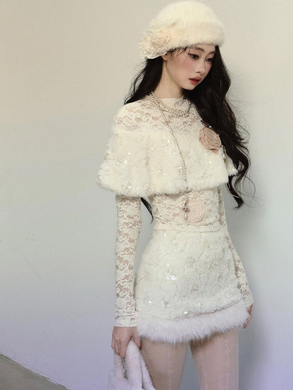 Apricot Flowers Adorned Plush Shawl Long Sleeves Lace Top