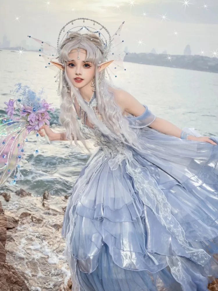 Dress Cascading Blue Fairy Dusty JSK Skirt Waist Princess Lolita Corset Layered Trim Ruffle