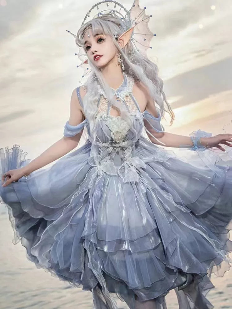 Dress Cascading Blue Fairy Dusty JSK Skirt Waist Princess Lolita Corset Layered Trim Ruffle