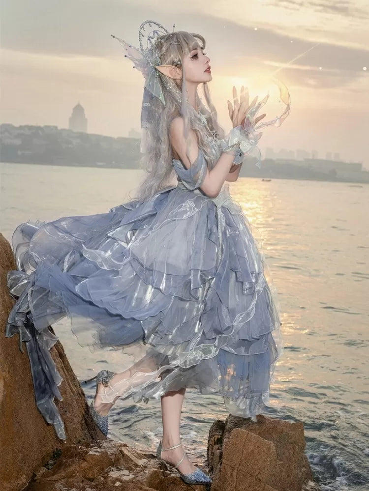 Dress Cascading Blue Fairy Dusty JSK Skirt Waist Princess Lolita Corset Layered Trim Ruffle