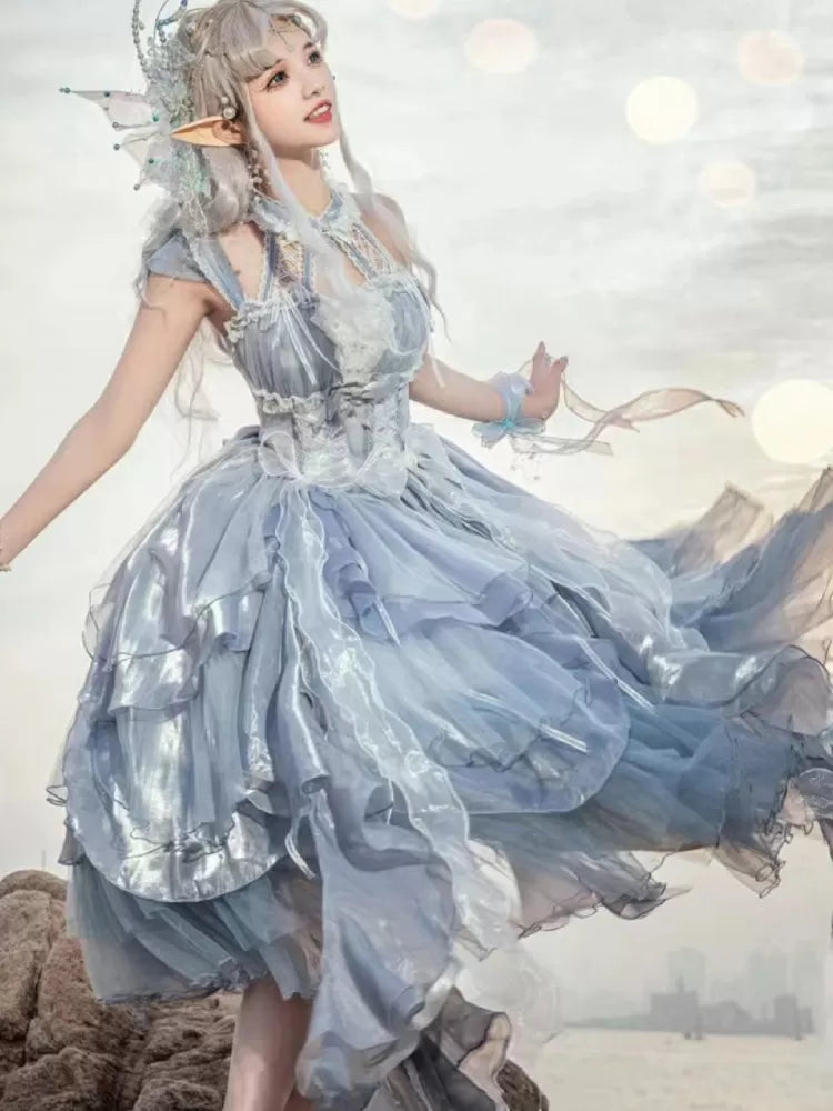 Dress Cascading Blue Fairy Dusty JSK Skirt Waist Princess Lolita Corset Layered Trim Ruffle