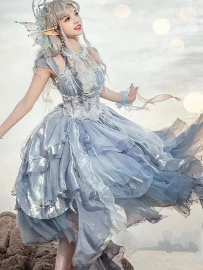 Dress Cascading Blue Fairy Dusty JSK Skirt Waist Princess Lolita Corset Layered Trim Ruffle