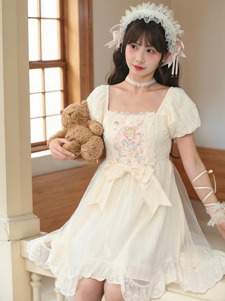 Sweet Fairy Tale Print Apricot Square Puff Short Casual Bow Big Lolita Dress Waist Neckline Sleeves and