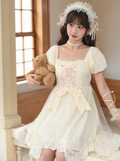 Sweet Fairy Tale Print Apricot Square Puff Short Casual Bow Big Lolita Dress Waist Neckline Sleeves and