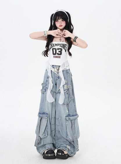 Rise Distressed Holes Jeans Low Blue Wide-leg Cargo