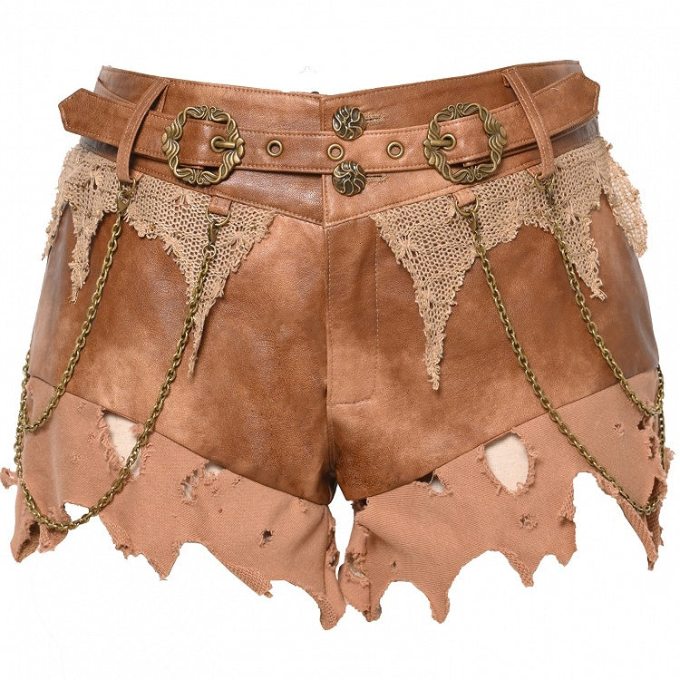 Waist Brown Distressed Low Wasteland Punk Shorts with Chain Accents