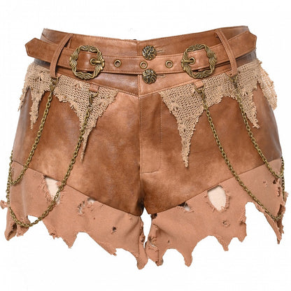 Waist Brown Distressed Low Wasteland Punk Shorts with Chain Accents