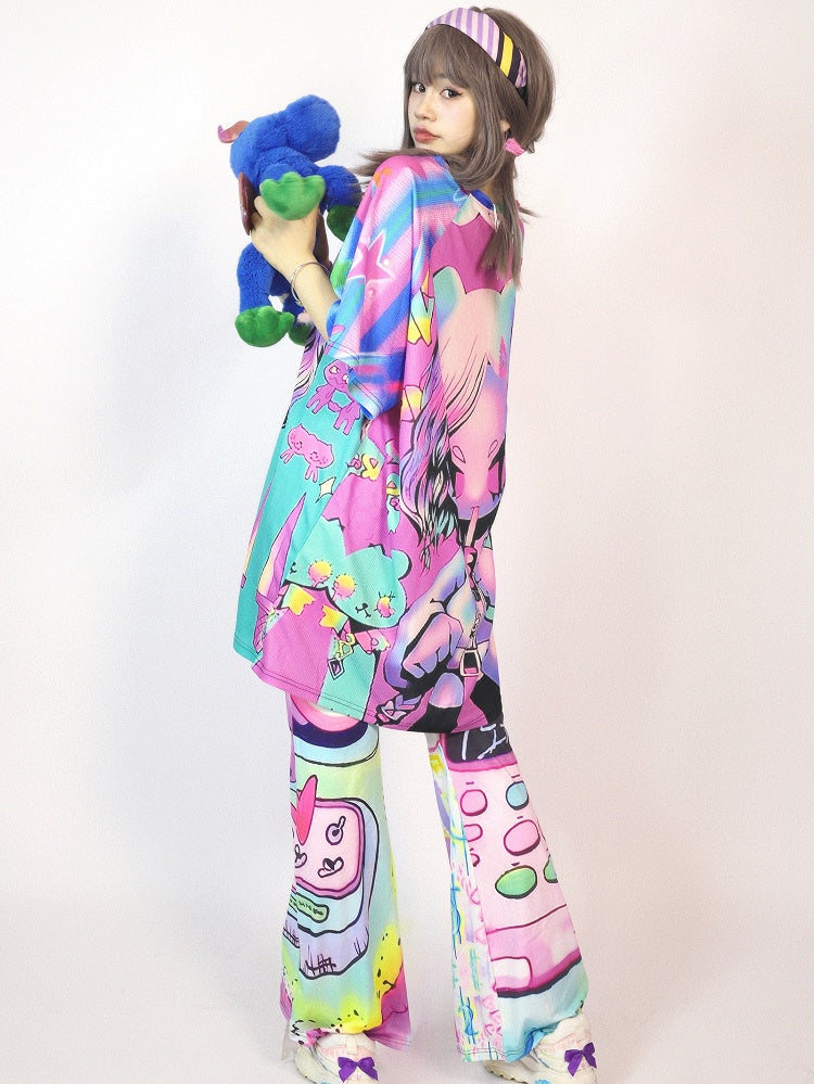Gyaru Colorful Cartoon Short Striped Fashion Pattern Print Sleeve T-Shirt
