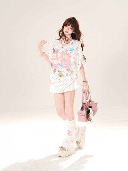 Pink Polka-dot Pattern T-Shirt Print Star V-Neck Loose