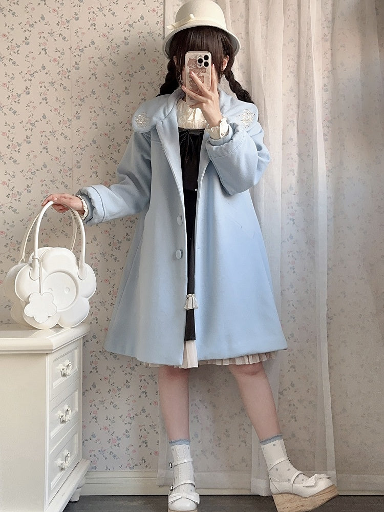 Blue Delicate Floral Round Flat Collar Woolen Coat