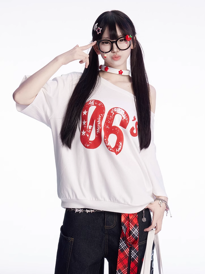 Vintage Number Print White Asymmetrical Neckline T-shirt
