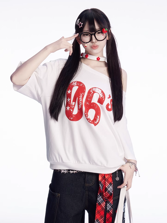 Vintage Number Print White Asymmetrical Neckline T-shirt