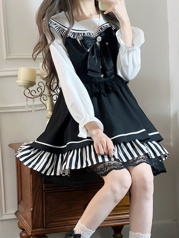 Black Jirai Kei Sailor Collor Blouse High Waist Lace Trim Overall Dress Set