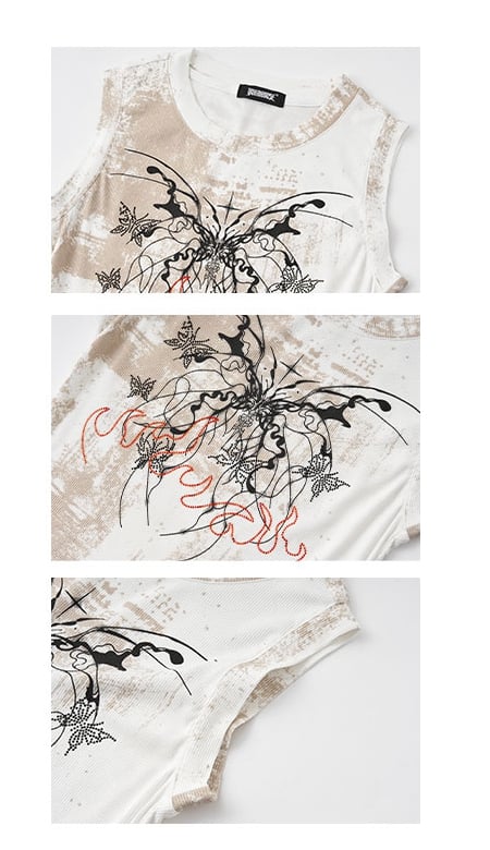 Top Fit Tank Y2K Butterfly Print Slim White