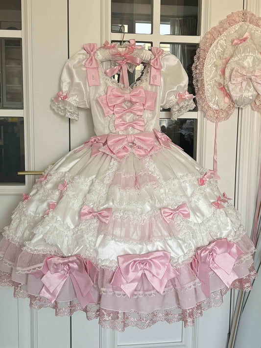 Dress High Sweet Pink with White Waist Sleeves Detachable Lolita Bow Princess Accents