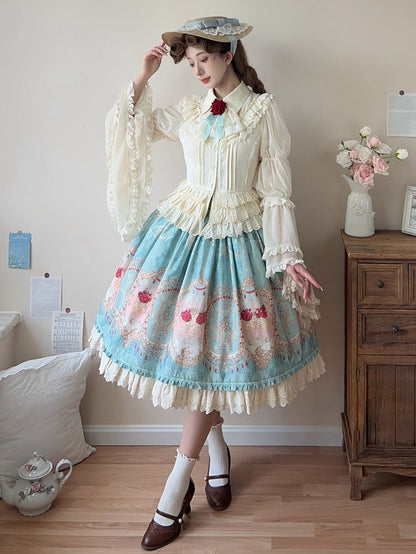 Blauer eleganter Lolita-Rock mit Korsettgürtel und hoher Taille und Blumen- und Mond-Print