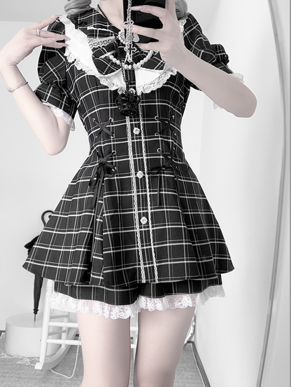 Mini Dress+Shorts Jirai Black Lace-up Plaid Set Embellished Details Kei Waist Rhinestones