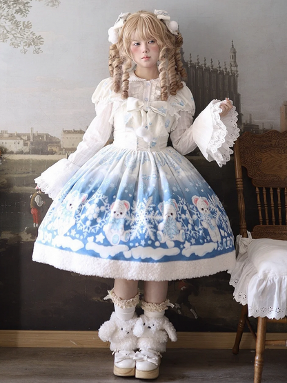 Teddy and Snowflake Blue Winter Fleece Hemline Sweet Lolita Dress